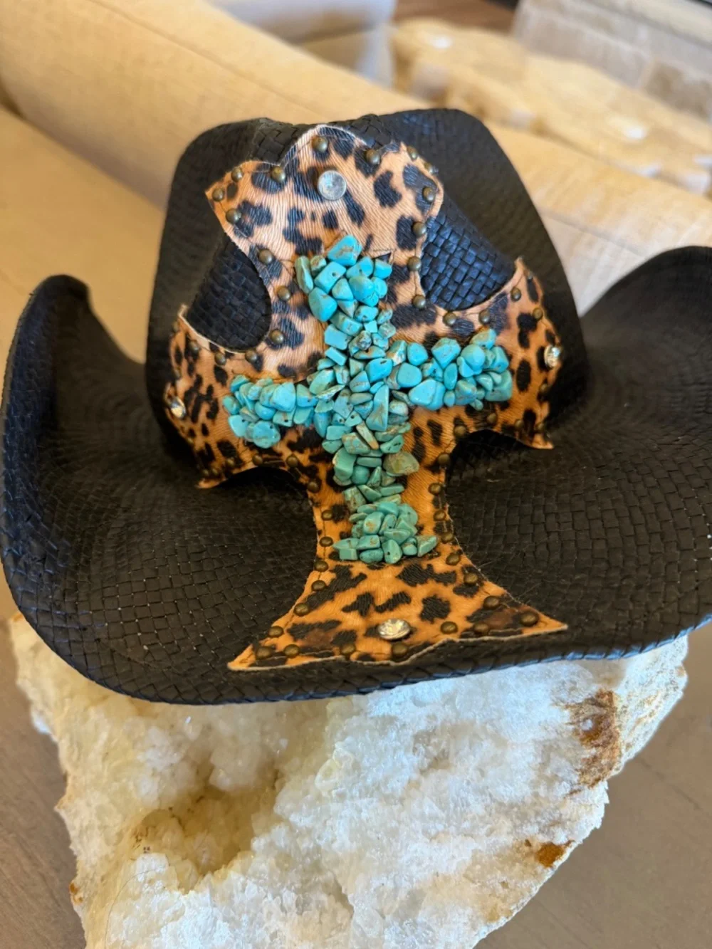 Peter Grimm Black Western Cowboy Hat Turquoise Cross Crown Studs Bling Cowgirl